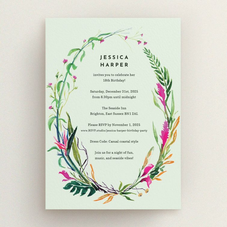 Floral themed 18th Birthday Invitation design with elegant decorative elements, no photos present.