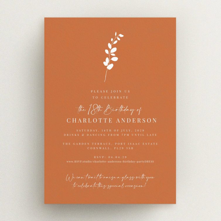 18th Birthday Invitation design with one decorative graphic element on a terracotta background.