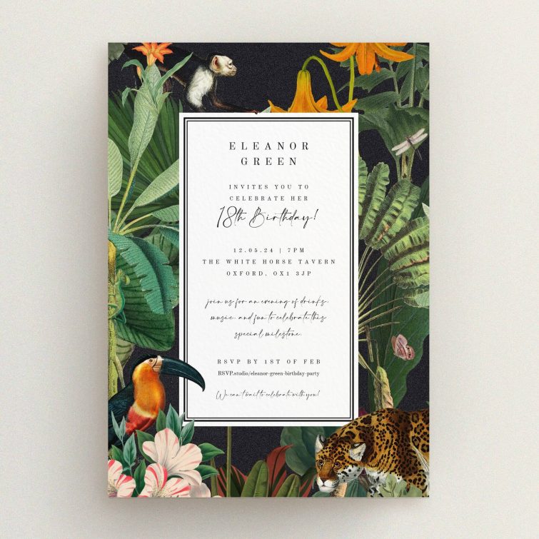 Tropical-themed 18th Birthday Invitation with floral and animal illustrations, one photo placement.