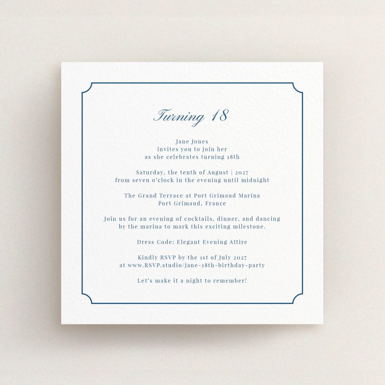 Elegant 18th Birthday Invitation with classic typography and formal event details, no photos included.