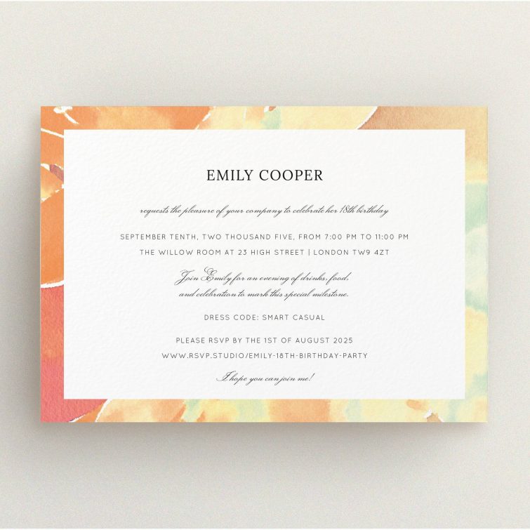 Colourful floral 18th birthday invitation design with text and no photos.