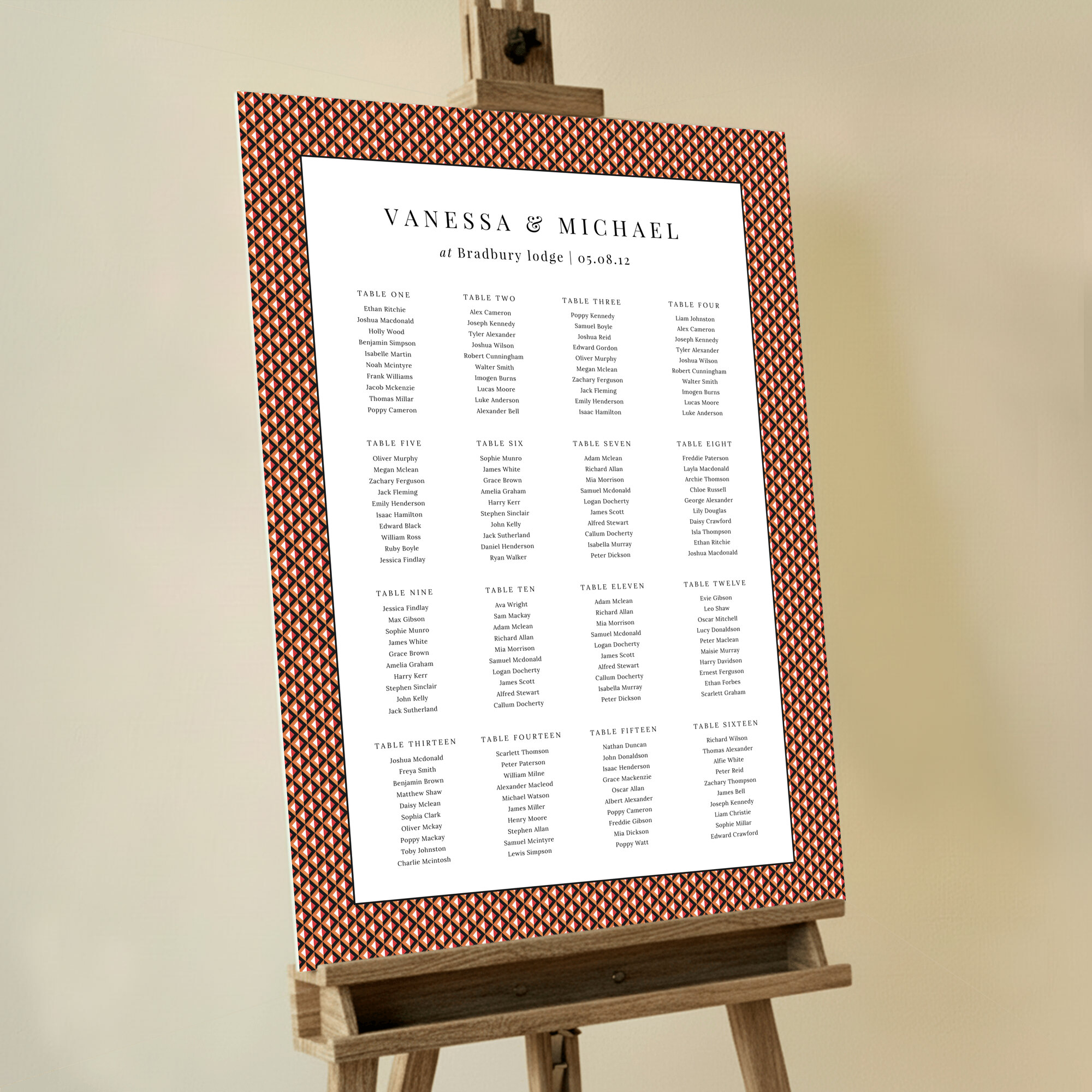 Personalised 1920s Elegance Wedding Seating Charts featuring a vintage design inspired by the 1920s, showcasing a blend of orange, white, red, and black tones, exuding the glamour and sophistication of the Roaring Twenties for an elegant wedding celebration.. This design is formatted for 16 tables.