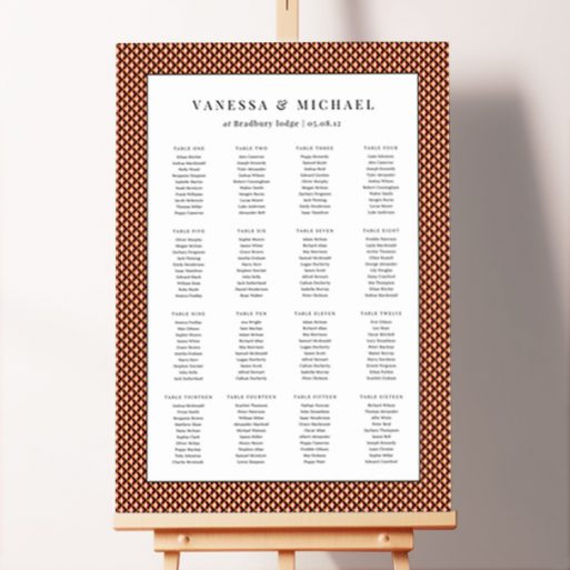 Personalised 1920s Elegance Wedding Seating Charts featuring a vintage design inspired by the 1920s, showcasing a blend of orange, white, red, and black tones, exuding the glamour and sophistication of the Roaring Twenties for an elegant wedding celebration.. This design is formatted for 16 tables.