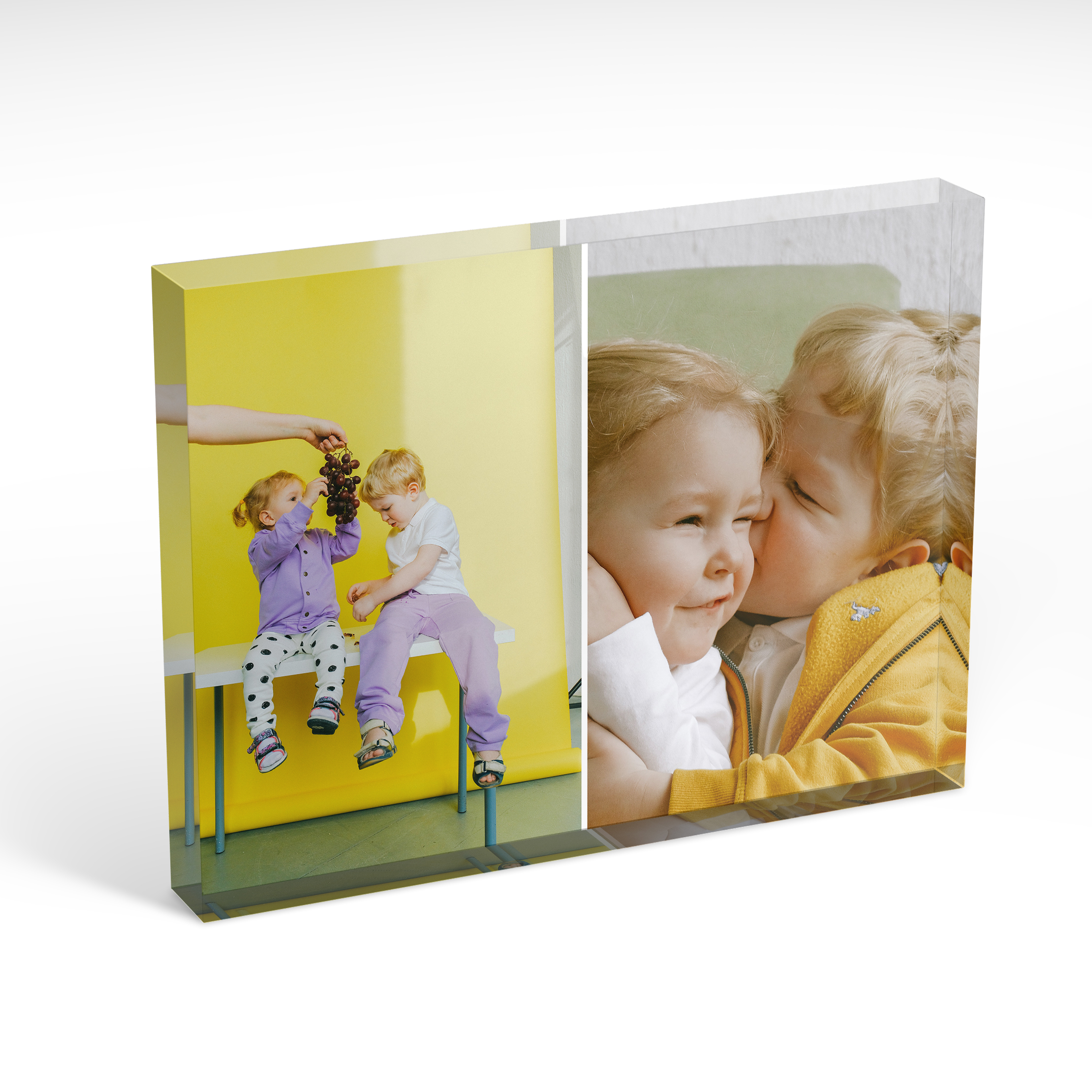 An angled side view of a landscape layout Acrylic Glass Photo Block with space for 2 photos. Thiis design is named "Double Trouble". 