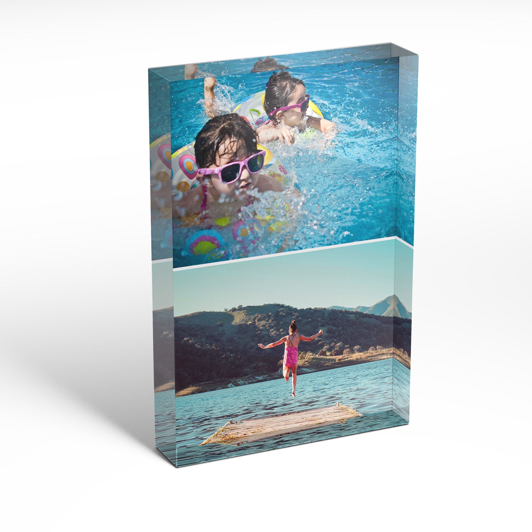 A front side view of a portrait layout Acrylic Photo Block with space for 2 photos. Thiis design is named 'Stacked'. 