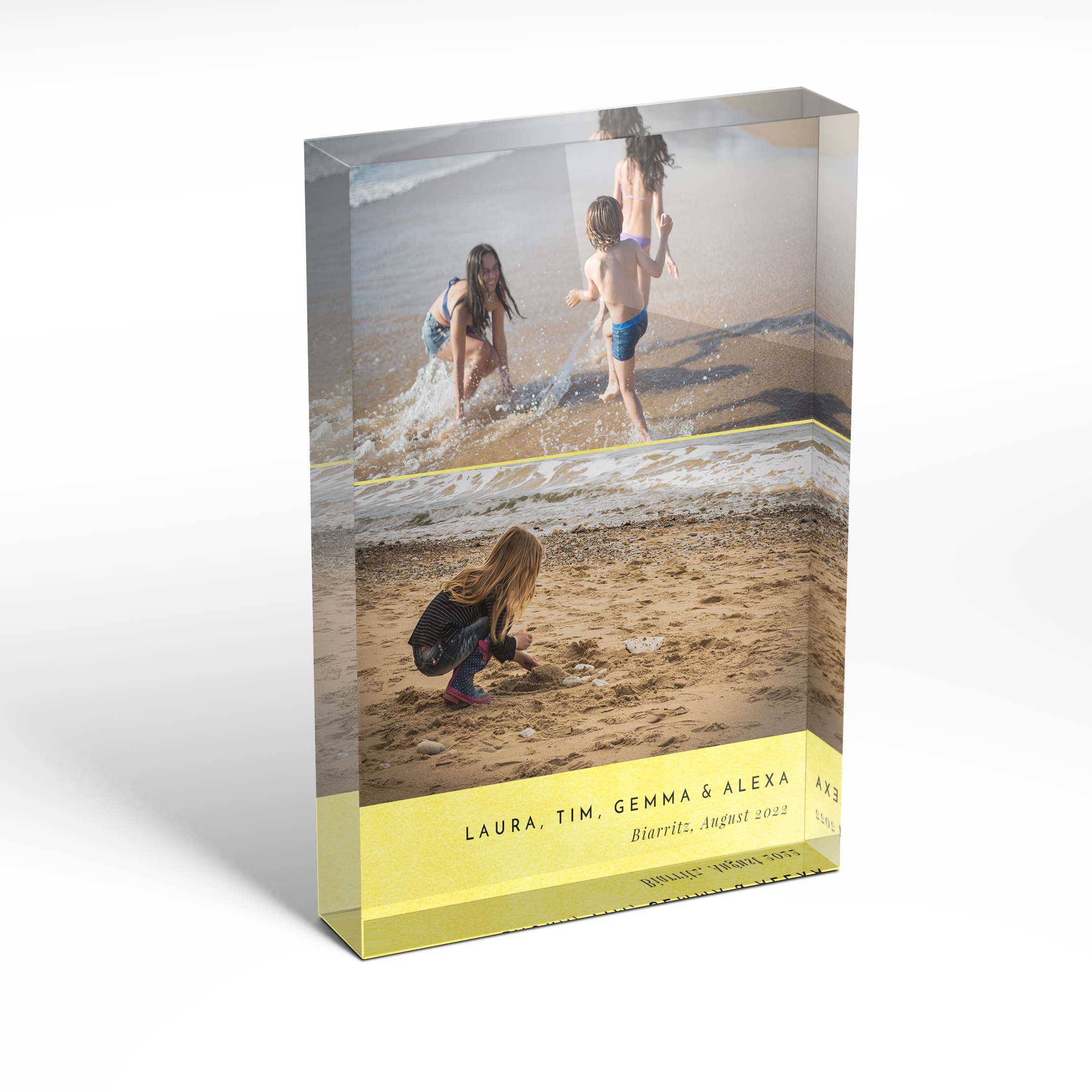 A front side view of a portrait layout Acrylic Photo Gift with space for 2 photos. Thiis design is named 'Bright Yellow'. 