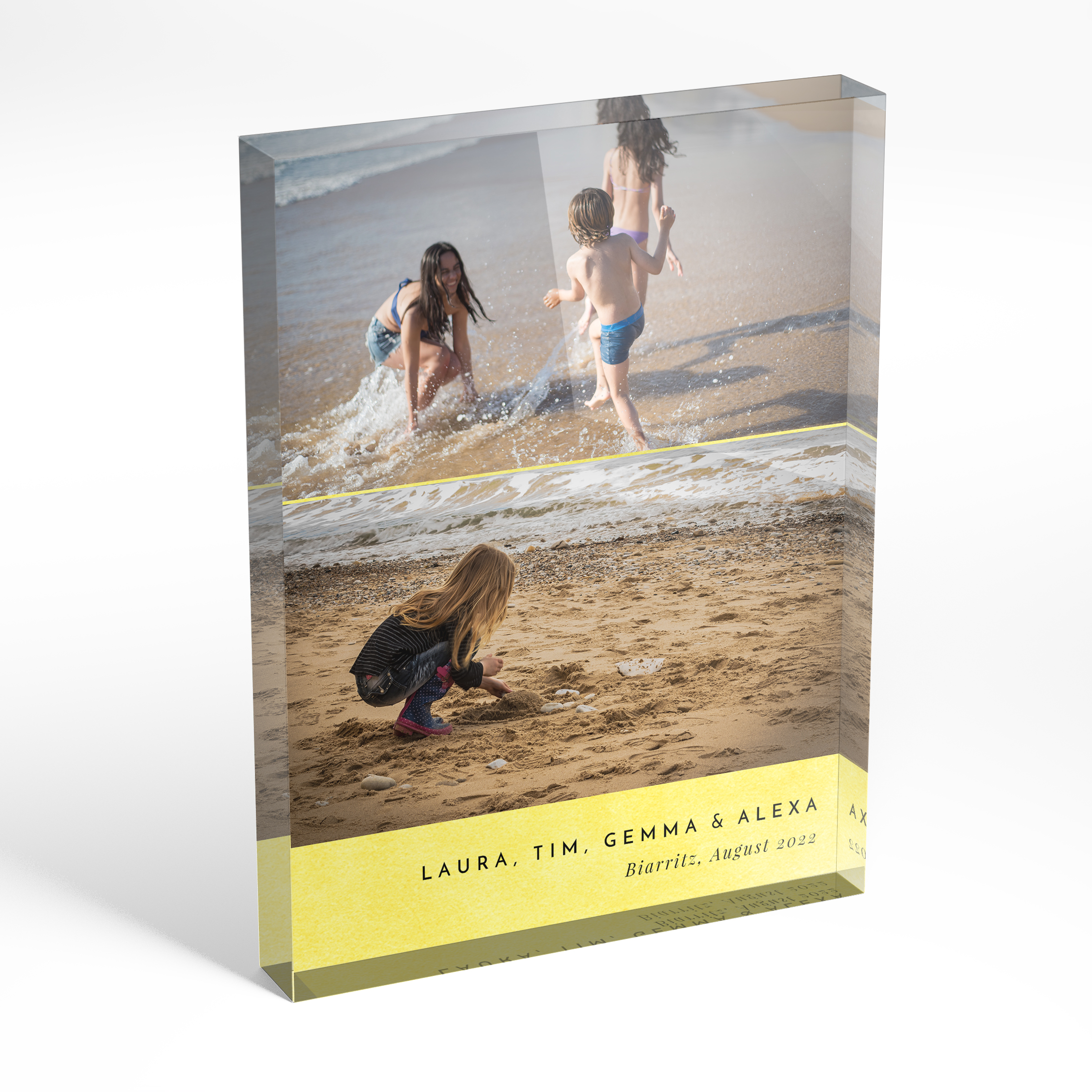 An angled side view of a portrait layout Acrylic Photo Block with space for 2 photos. Thiis design is named "Bright Yellow". 
