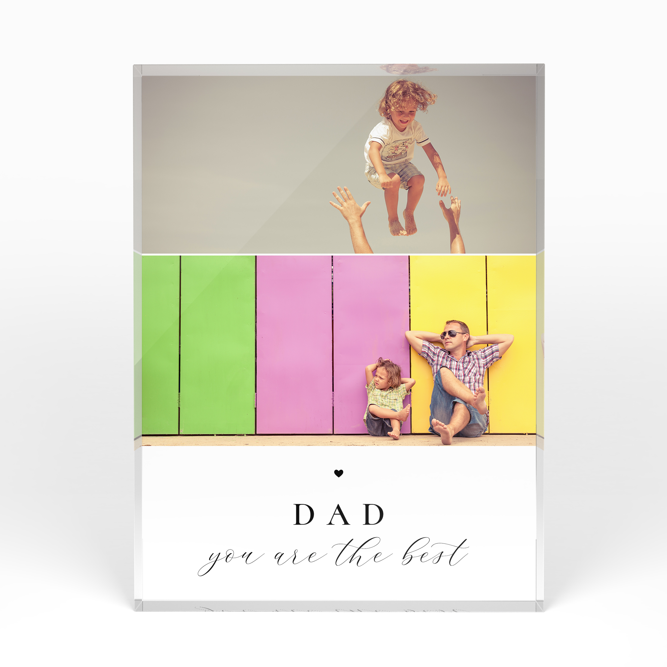 A front side view of a portrait layout Acrylic Photo Block with space for 2 photos. Thiis design is named "Father's Bond". 