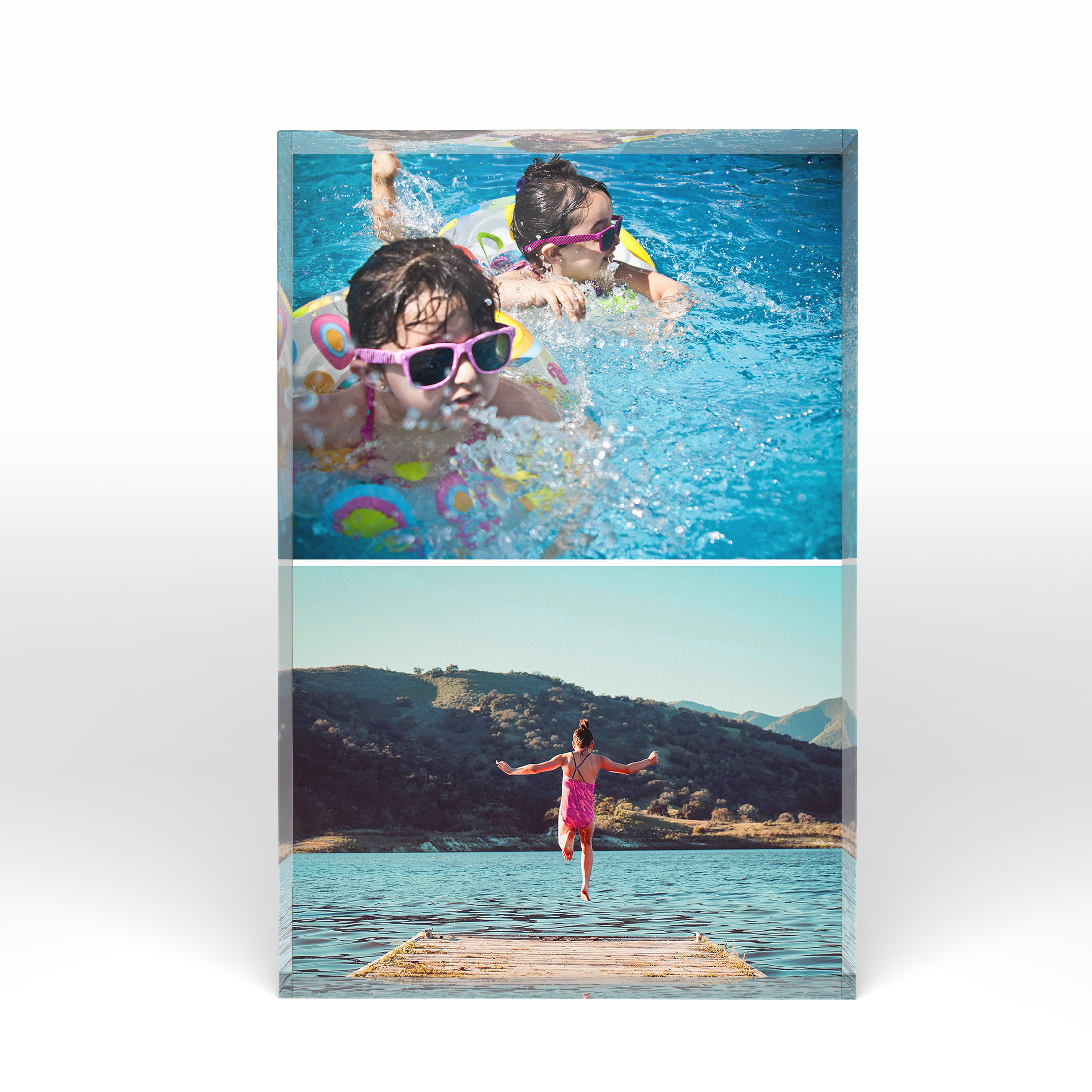 A front side view of a portrait layout Acrylic Photo Block with space for 2 photos. Thiis design is named "Stacked". 