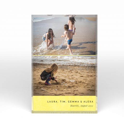 A front side view of a portrait layout Acrylic Photo Gift with space for 2 photos. Thiis design is named "Bright Yellow". 