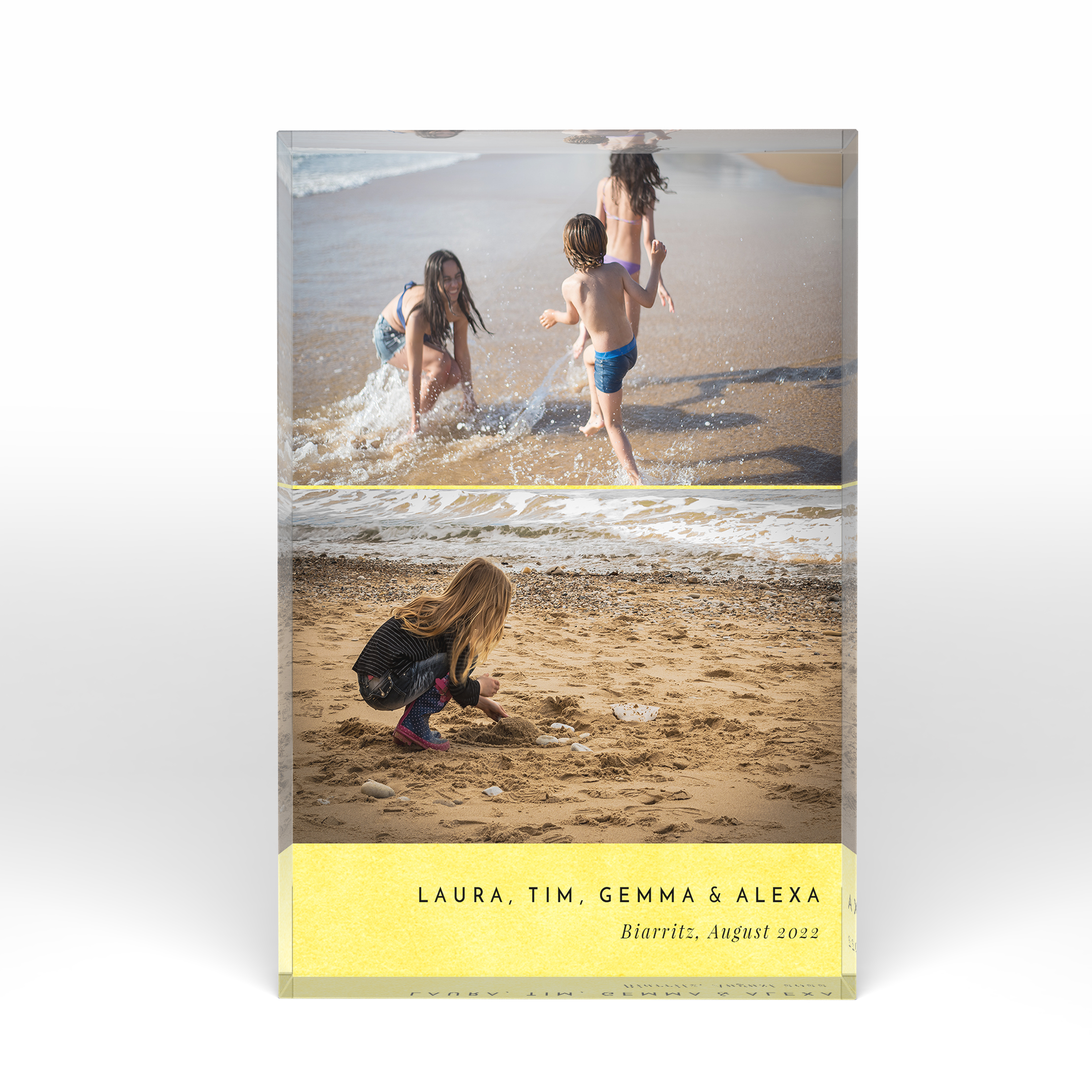 A front side view of a portrait layout Acrylic Photo Gift with space for 2 photos. Thiis design is named "Bright Yellow". 