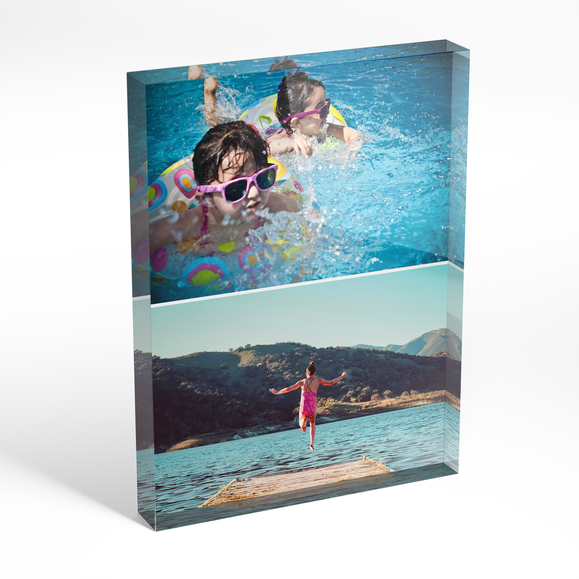 An angled side view of a portrait layout Acrylic Photo Gift with space for 2 photos. Thiis design is named "Stacked". 