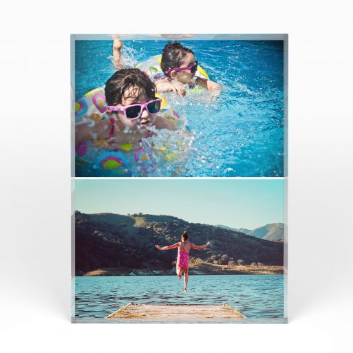 A front side view of a portrait layout Perspex Photo Blocks with space for 2 photos. Thiis design is named "Stacked". 