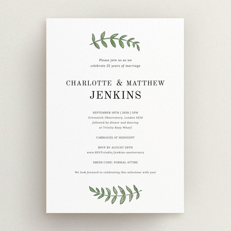 Elegant 25th anniversary party invitations design with two leaf illustrations.