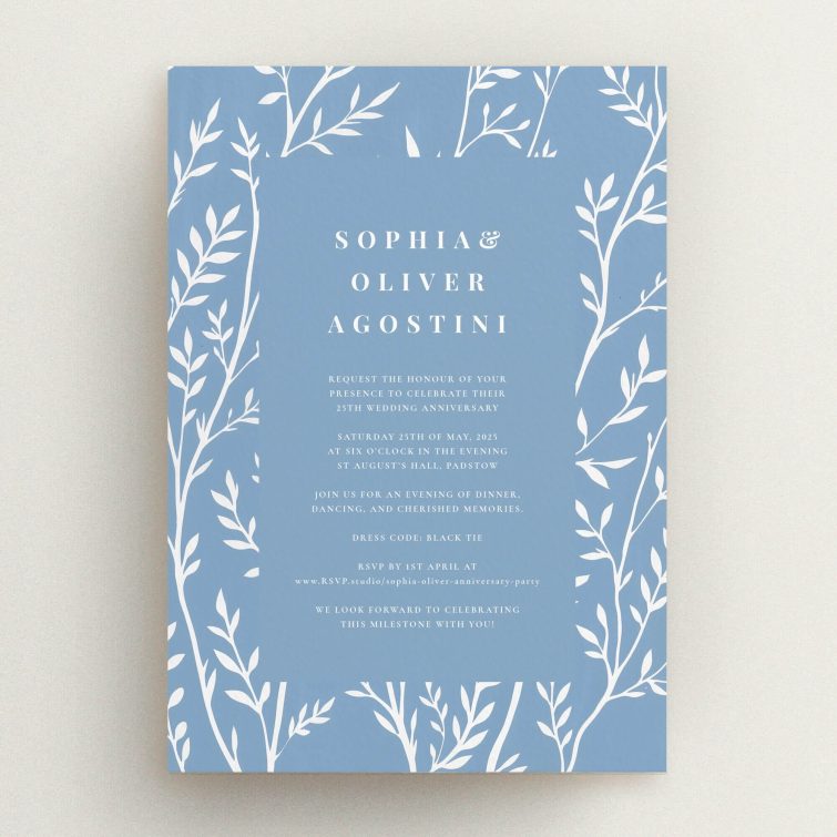 Elegant blue and white 25th anniversary party invitations with leaf motif design.