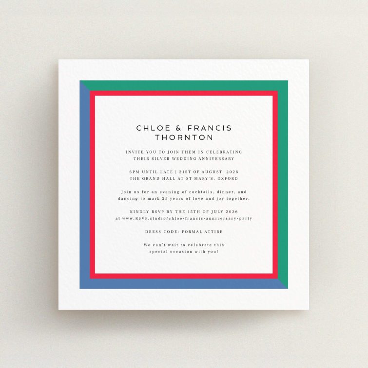 25th anniversary party invitations with colourful geometric border design, no photos included