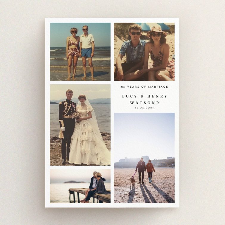 Elegant 25th anniversary party invitations featuring five nostalgic photos, perfect for celebrating 25 years of marriage.