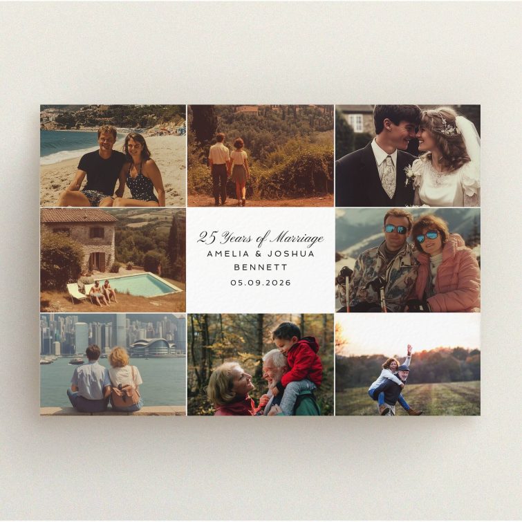 Elegant 25th anniversary party invitations design with six vintage photos.