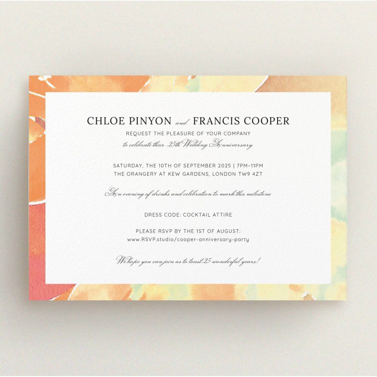Elegant floral 25th anniversary party invitations with no photos on the design.