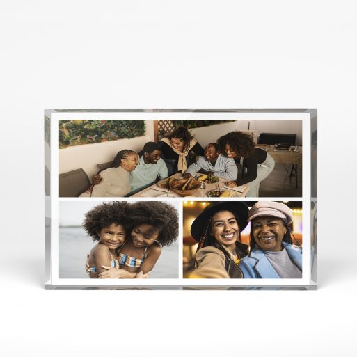 A front side view of a landscape layout Acrylic Glass Photo Block with space for 3 photos. Thiis design is named "Trilogy Collage". 