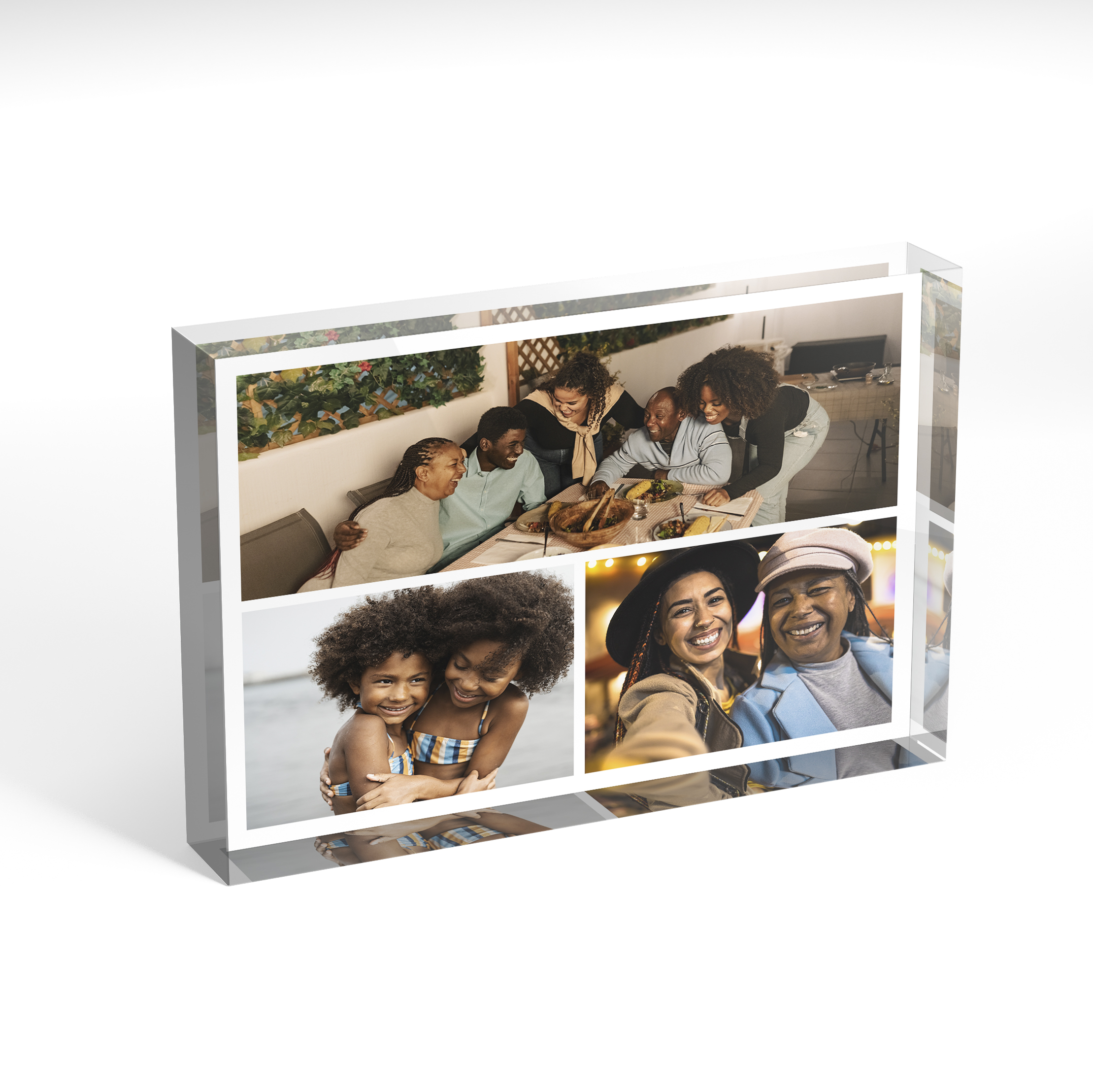A front side view of a landscape layout Acrylic Glass Photo Block with space for 3 photos. Thiis design is named 'Trilogy Collage'. 
