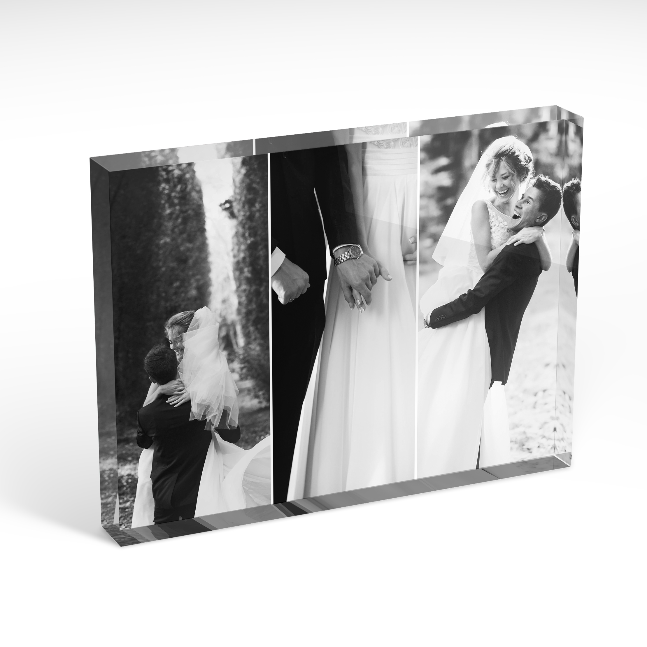 An angled side view of a landscape layout Acrylic Photo Block with space for 3 photos. Thiis design is named "Romantic Trio". 