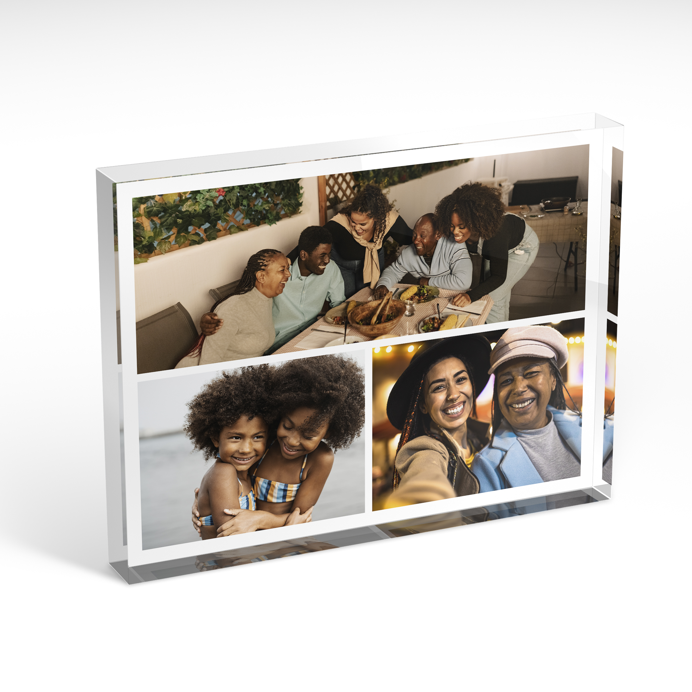 An angled side view of a landscape layout Acrylic Photo Block with space for 3 photos. Thiis design is named "Trilogy Collage". 