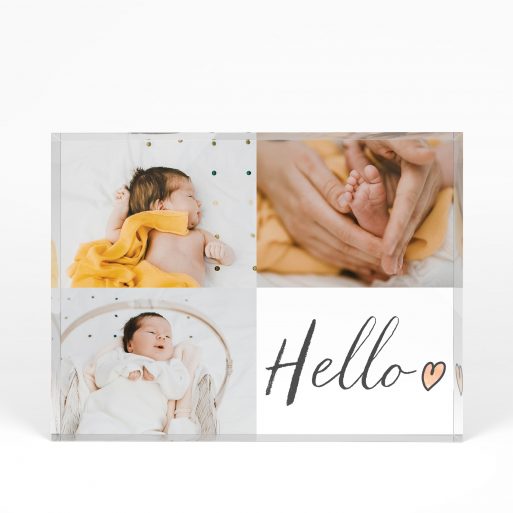 A front side view of a landscape layout Acrylic Photo Block with space for 3 photos. Thiis design is named "Triple Play Hello". 