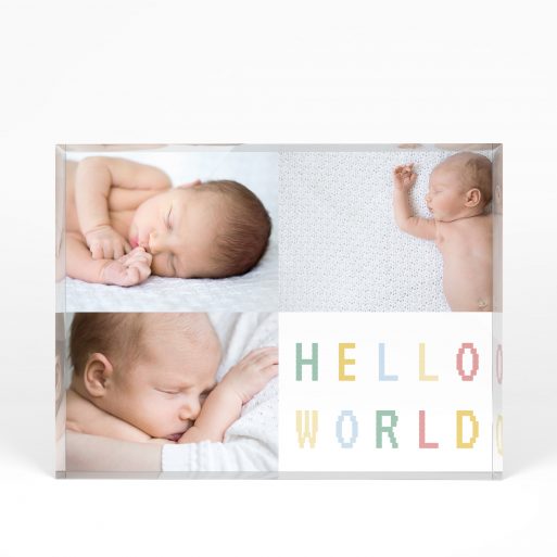 A front side view of a landscape layout Perspex Photo Blocks with space for 3 photos. Thiis design is named "Hello World Corner". 