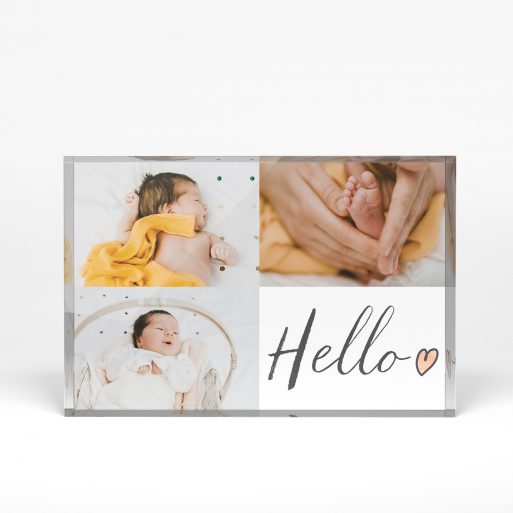 A front side view of a landscape layout Perspex Photo Blocks with space for 3 photos. Thiis design is named "Triple Play Hello". 