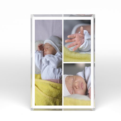 A front side view of a portrait layout Acrylic Glass Photo Block with space for 3 photos. Thiis design is named "Cherished Child". 