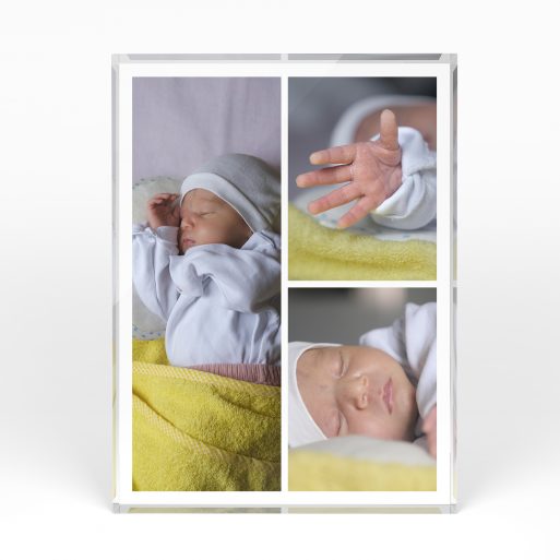 A front side view of a portrait layout Acrylic Glass Photo Block with space for 3 photos. Thiis design is named "Cherished Child". 