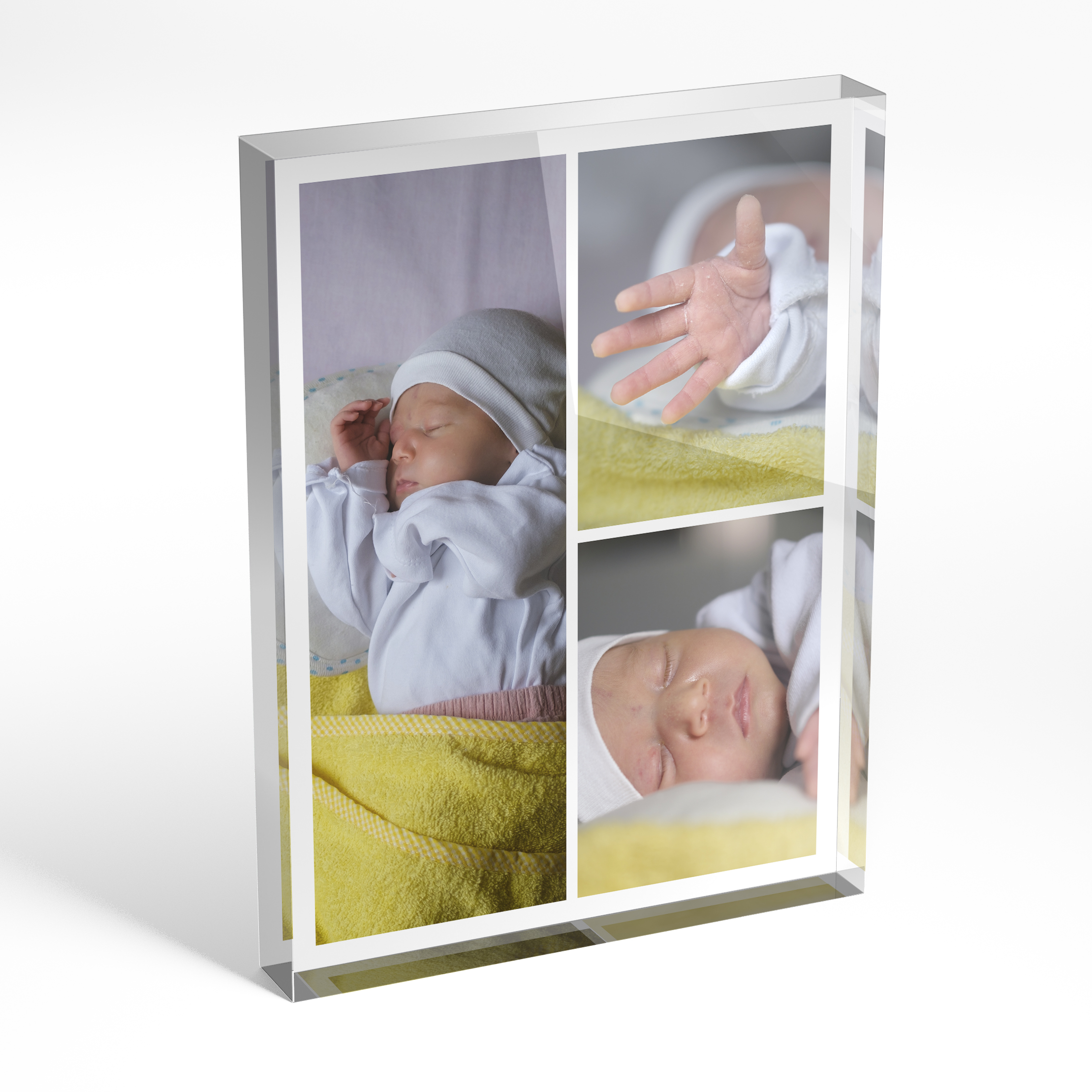 A front side view of a portrait layout Acrylic Glass Photo Block with space for 3 photos. Thiis design is named 'Cherished Child'. 