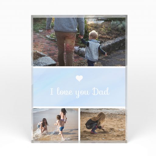 A front side view of a portrait layout Acrylic Glass Photo Block with space for 3 photos. Thiis design is named "Father's Day Trio". 