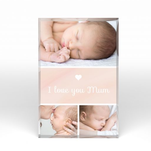 A front side view of a portrait layout Acrylic Photo Block with space for 3 photos. Thiis design is named "Mum's Day Trio". 