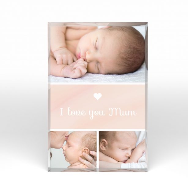 A front side view of a portrait layout Acrylic Photo Block with space for 3 photos. Thiis design is named "Mum's Day Trio". 