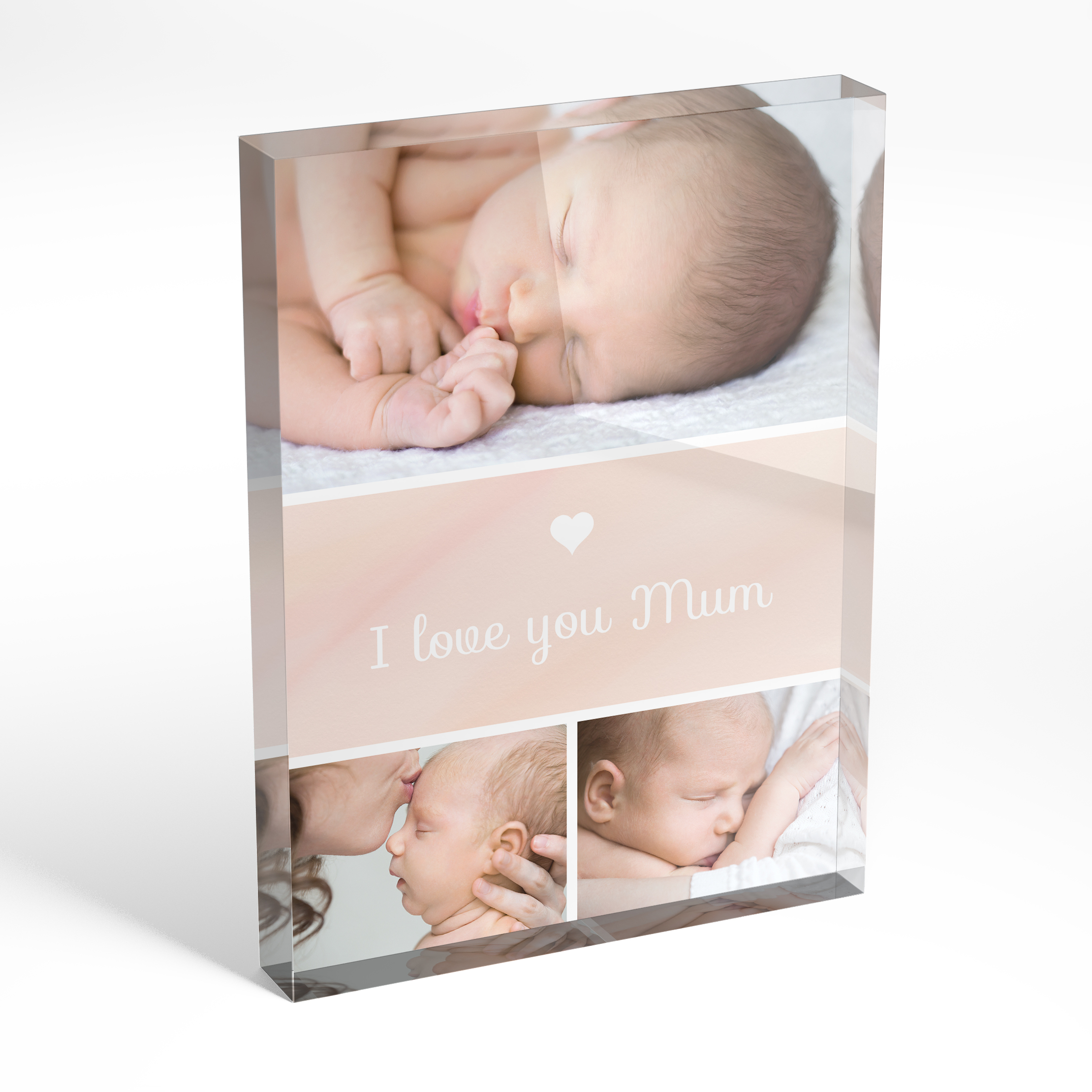 An angled side view of a portrait layout Acrylic Photo Block with space for 3 photos. Thiis design is named "Mum's Day Trio". 