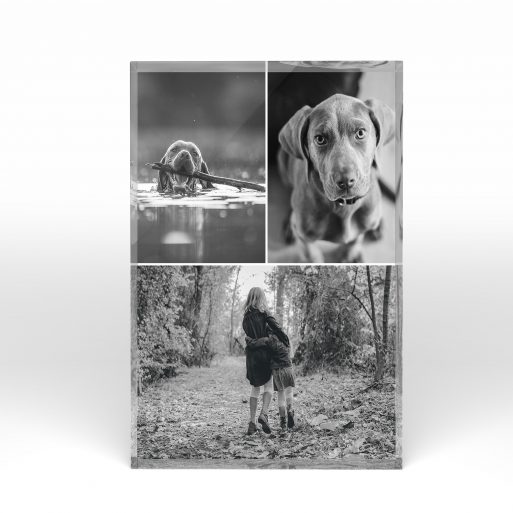 A front side view of a portrait layout Acrylic Photo Block with space for 3 photos. Thiis design is named "Print Memories". 