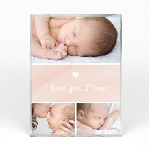 A front side view of a portrait layout Acrylic Photo Gift with space for 3 photos. Thiis design is named "Mum's Day Trio". 