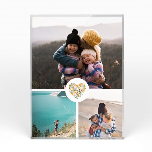 A front side view of a portrait layout Online acrylic photo blocks with space for 3 photos. Thiis design is named "Floral Heart". 