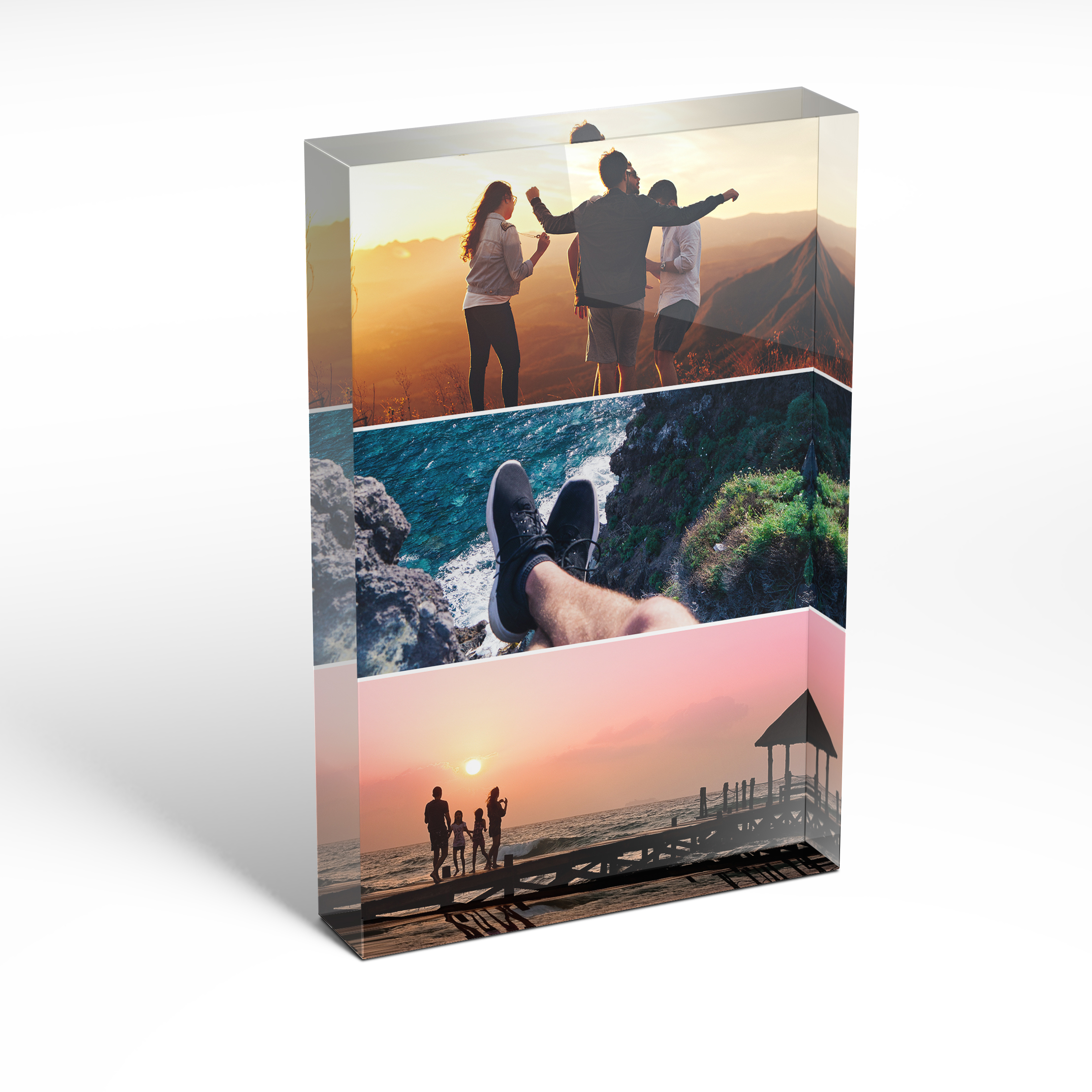 A front side view of a portrait layout Perspex Photo Blocks with space for 3 photos. Thiis design is named 'Triple Holiday Delight'. 