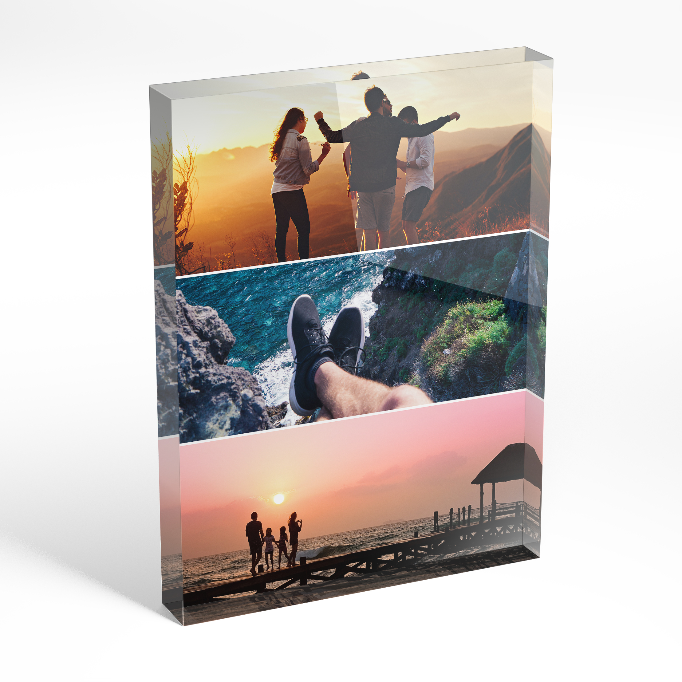 An angled side view of a portrait layout Online acrylic photo blocks with space for 3 photos. Thiis design is named "Triple Holiday Delight". 
