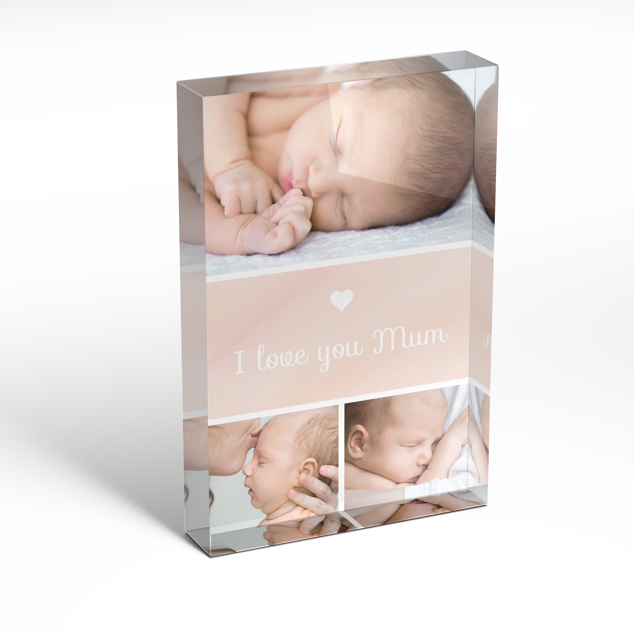 A front side view of a portrait layout Acrylic Photo Block with space for 3 photos. Thiis design is named 'Mum's Day Trio'. 
