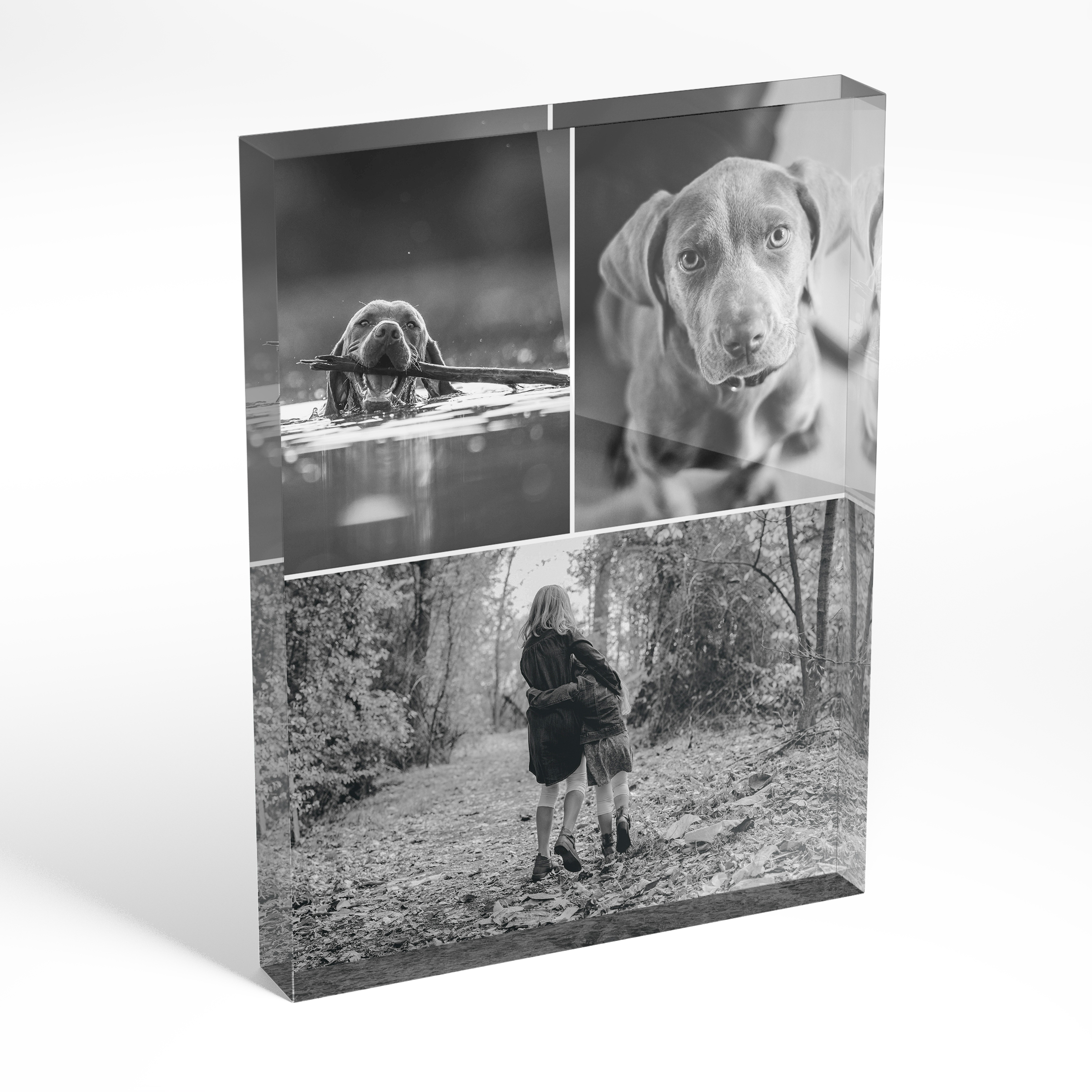 A front side view of a portrait layout Acrylic Photo Gift with space for 3 photos. Thiis design is named 'Print Memories'. 