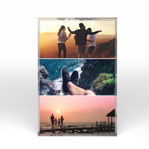 A front side view of a portrait layout Perspex Photo Blocks with space for 3 photos. Thiis design is named "Triple Holiday Delight". 