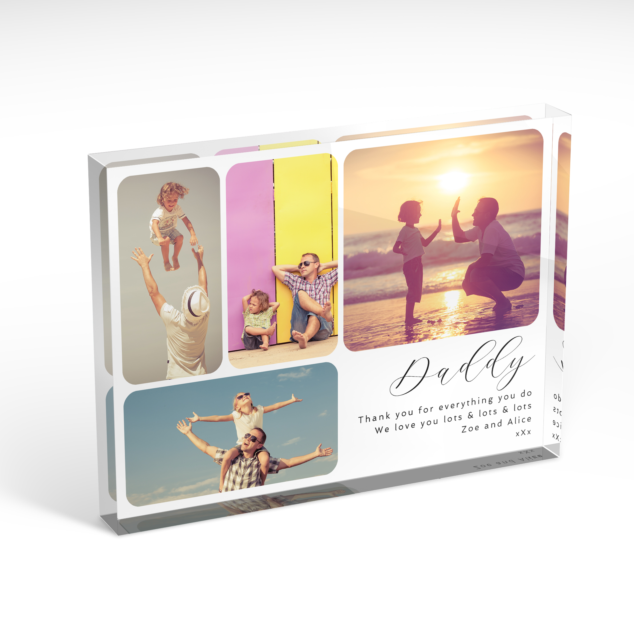 An angled side view of a landscape layout Acrylic Glass Photo Block with space for 4 photos. Thiis design is named "Dad's Collage". 