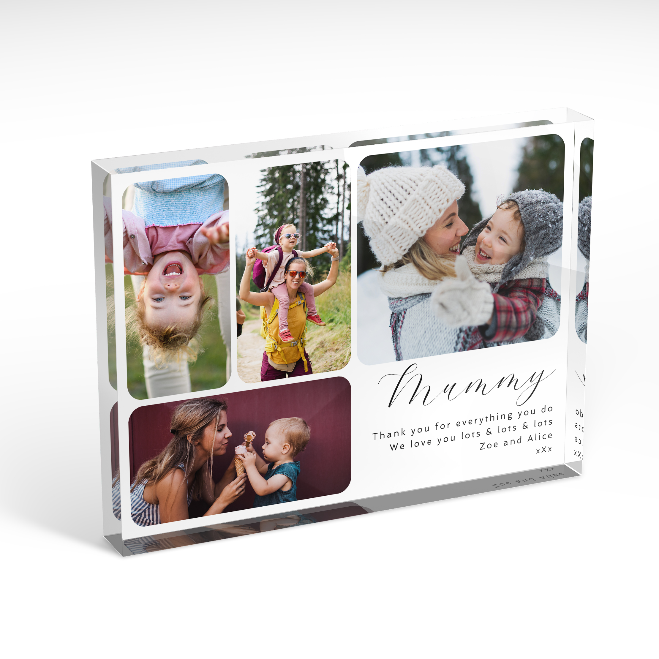 A front side view of a landscape layout Acrylic Photo Block with space for 4 photos. Thiis design is named 'Mother's Day Medley'. 