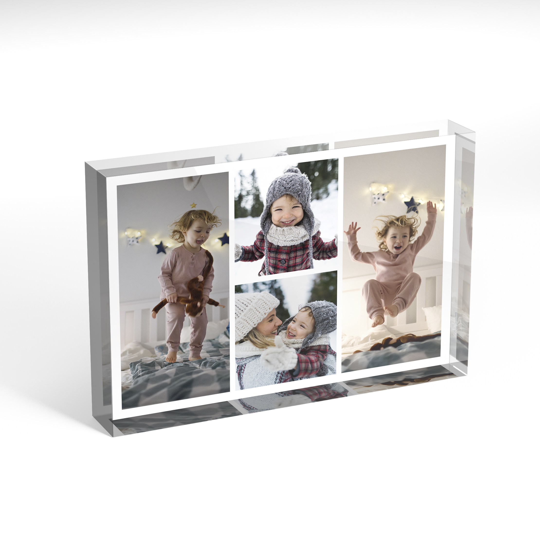A front side view of a landscape layout Acrylic Photo Block with space for 4 photos. Thiis design is named 'Quartet Collage'. 