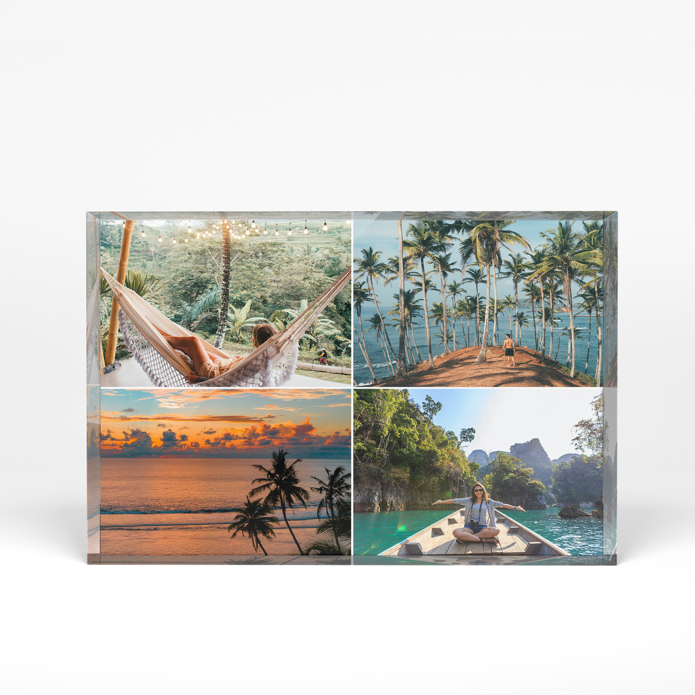 A front side view of a landscape layout Acrylic Glass Photo Block with space for 4 photos. Thiis design is named "Simple Quartet". 