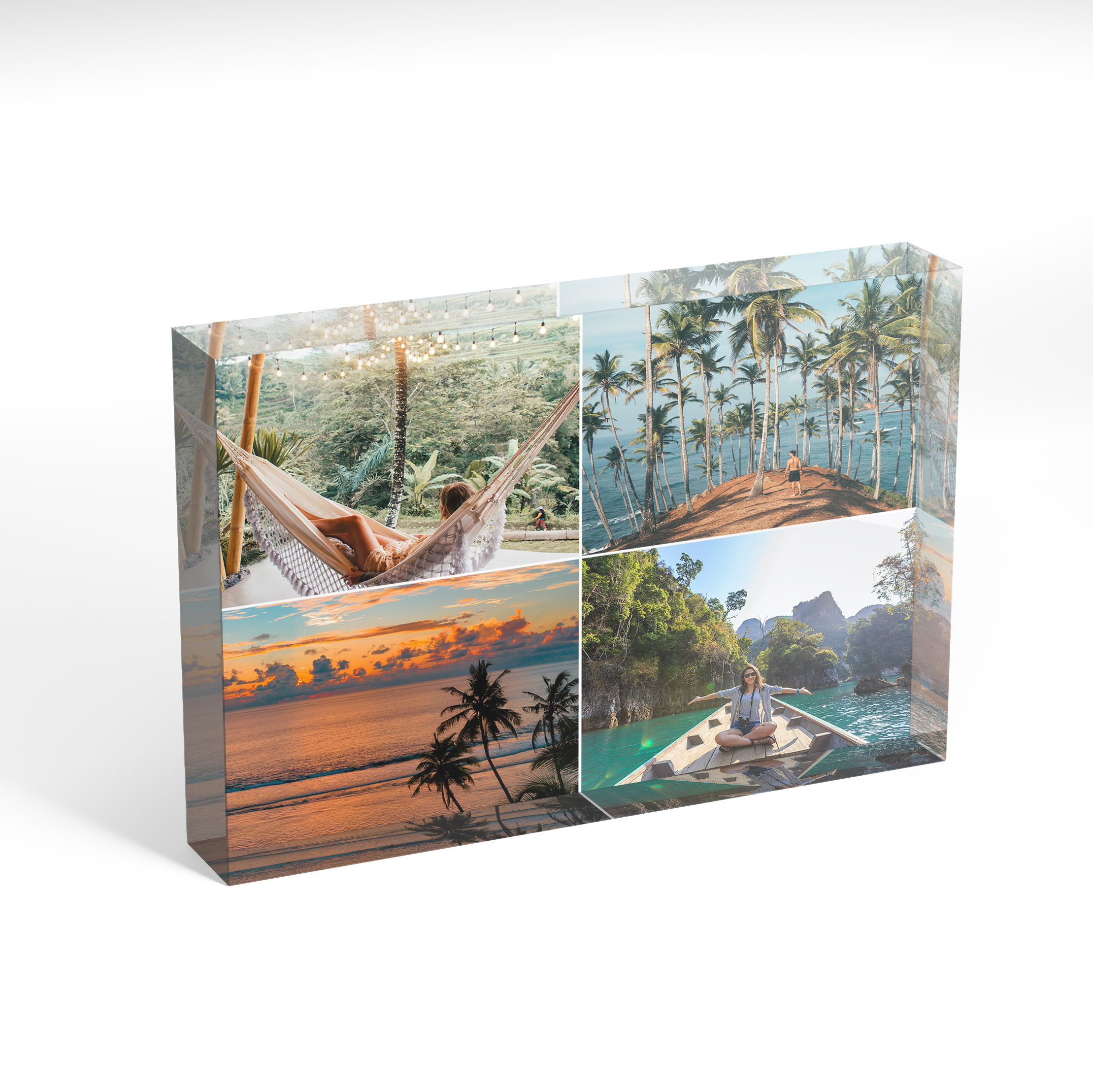 A front side view of a landscape layout Acrylic Glass Photo Block with space for 4 photos. Thiis design is named 'Simple Quartet'. 